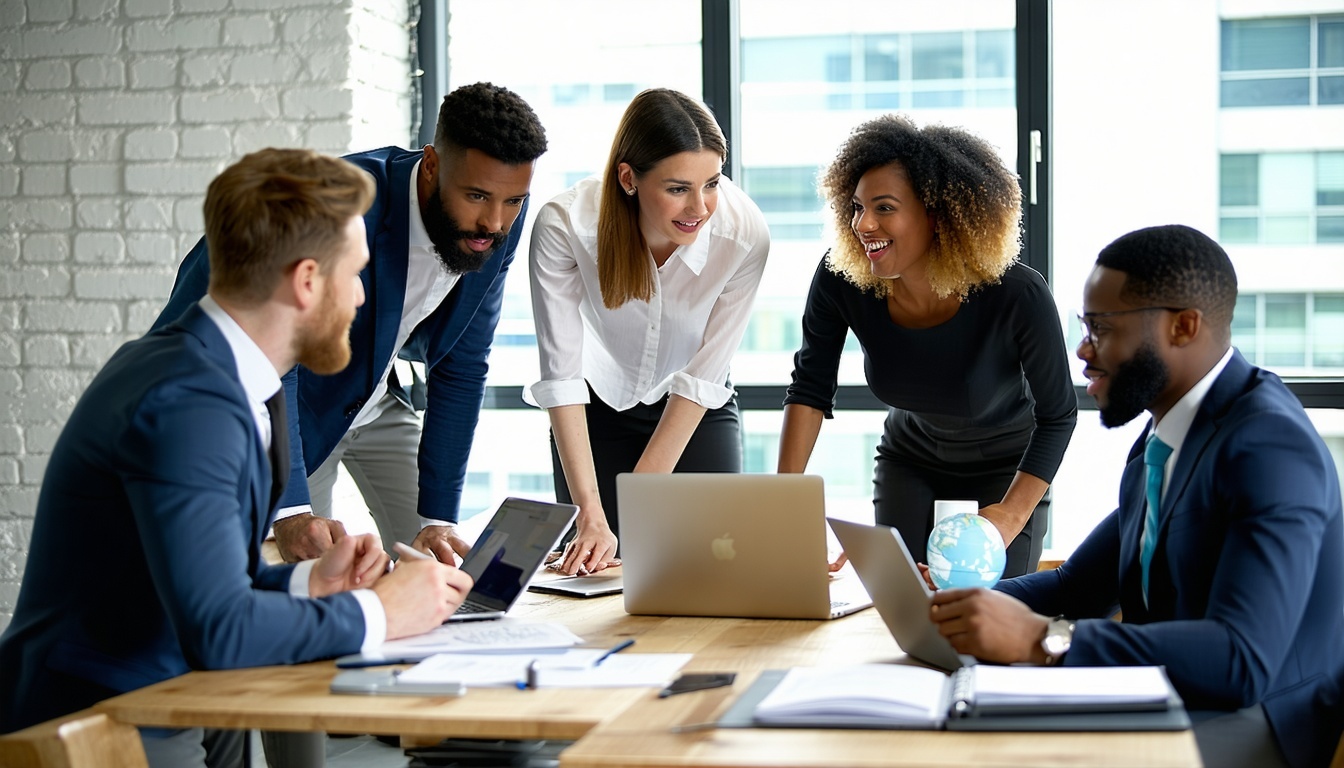 A dynamic group of diverse lawyers in a modern office space discussing ideas with laptops and documents around them symbolizing collaboration and innovation A dynamic group of diverse lawyers in a modern office space discussing ideas with laptops and documents around them symbolizing collaboration and innovation